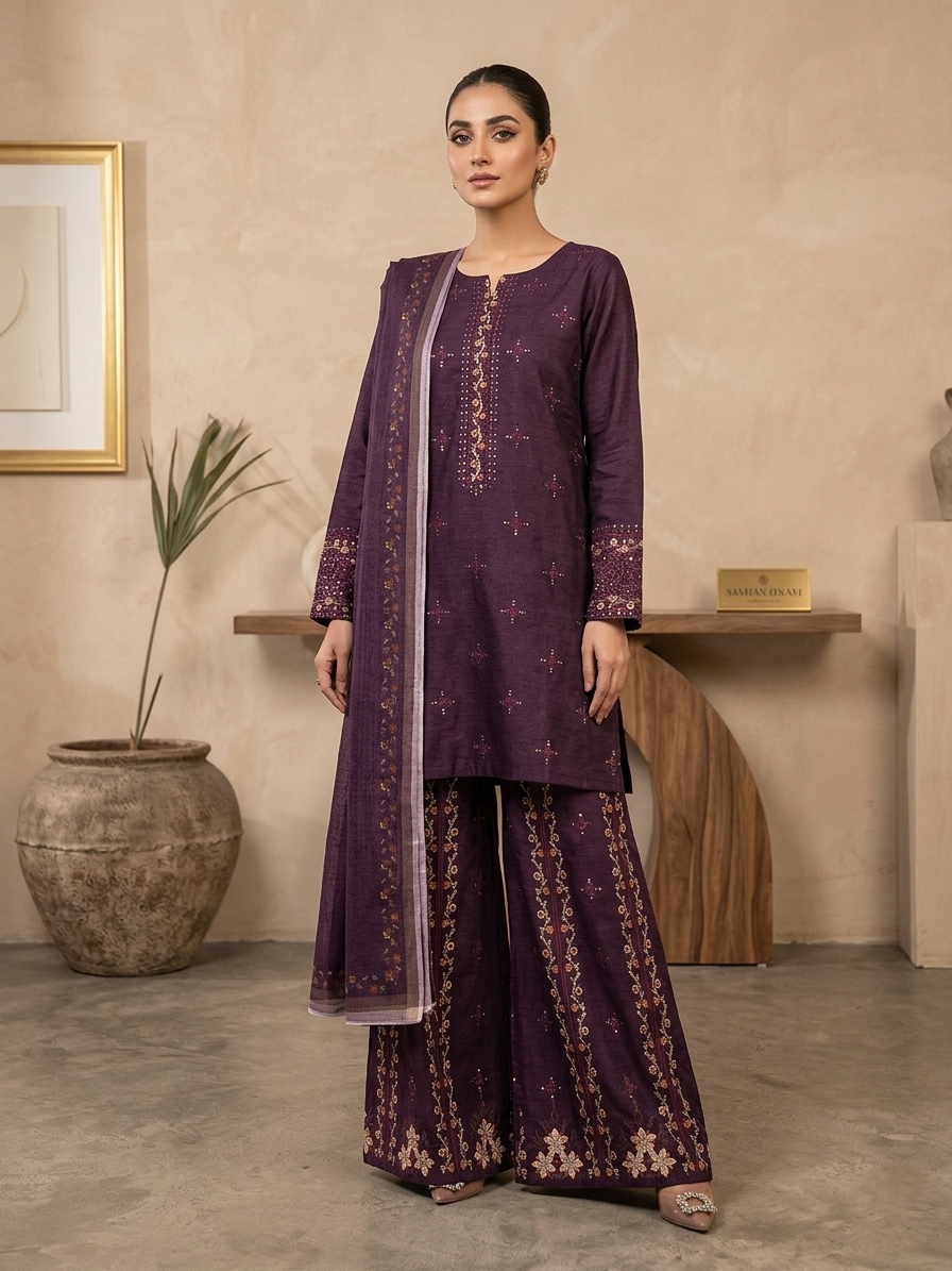 Embroidered Deep Plum 3-Piece Eid Festive Stitched Suit Zohran Apparel