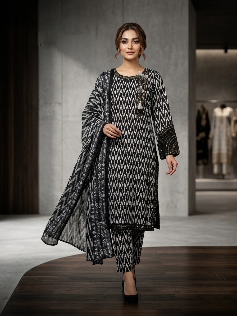 Monochrome Zigzag Black & White: 3-Piece stitched Printed Festive Suit with Gold Tassel Accents