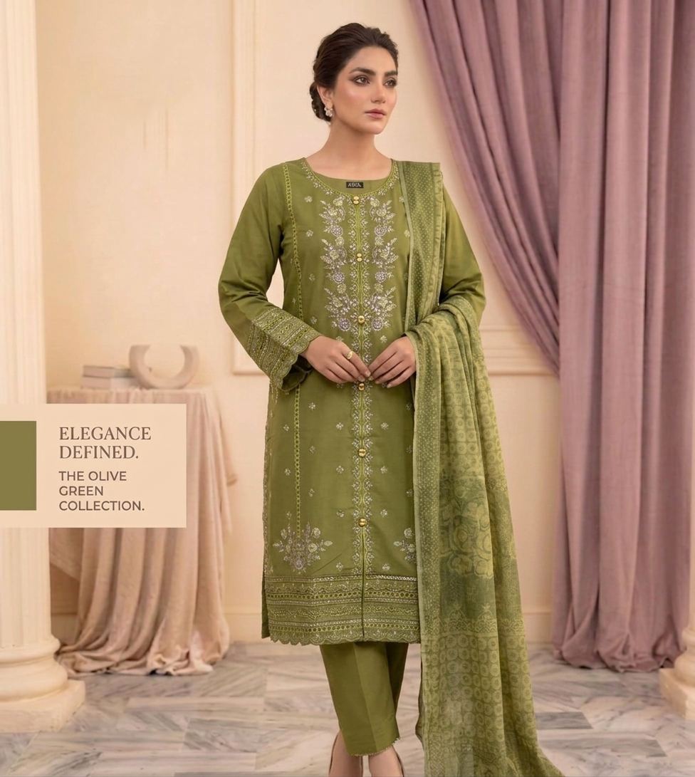 Olive Elegance: 3-Piece stitched Embroidered Festive Suit with Sequence & Tissue Borders
