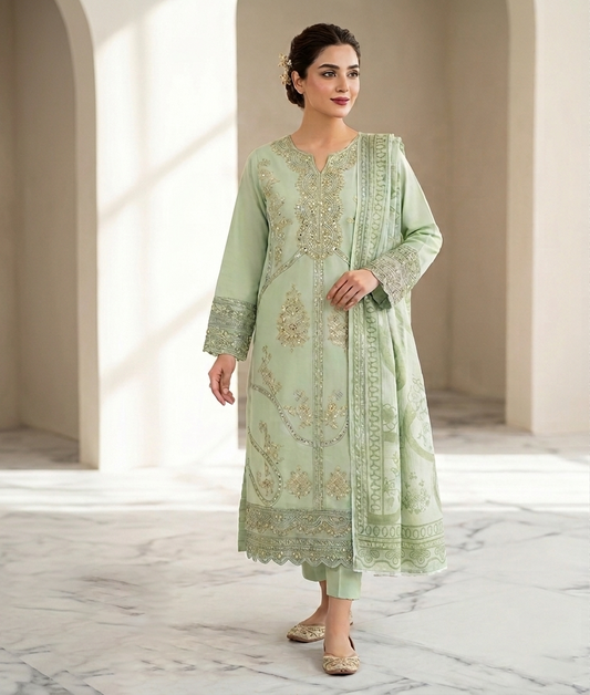 Glow Embroidered 3-Piece Stitched Festive Suite - Sequence Work & Tissue Patches