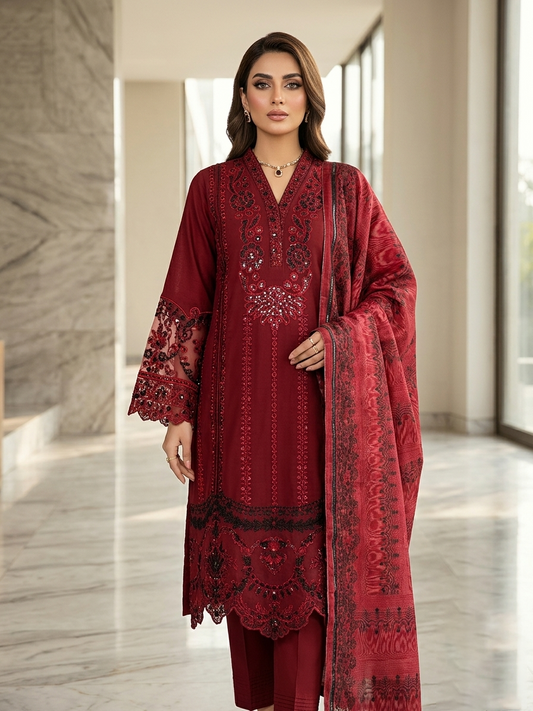Embroidered 3-Piece Stitched Suit - Sequence Work & Lace Detail
