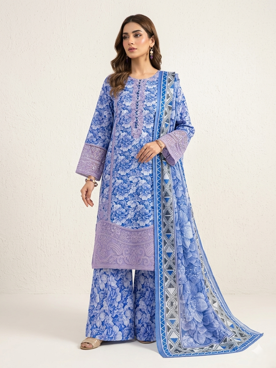 Zohran Luxury Lavender Blue Floral Printed & Embroidered 3-Piece Eid Festive Suit