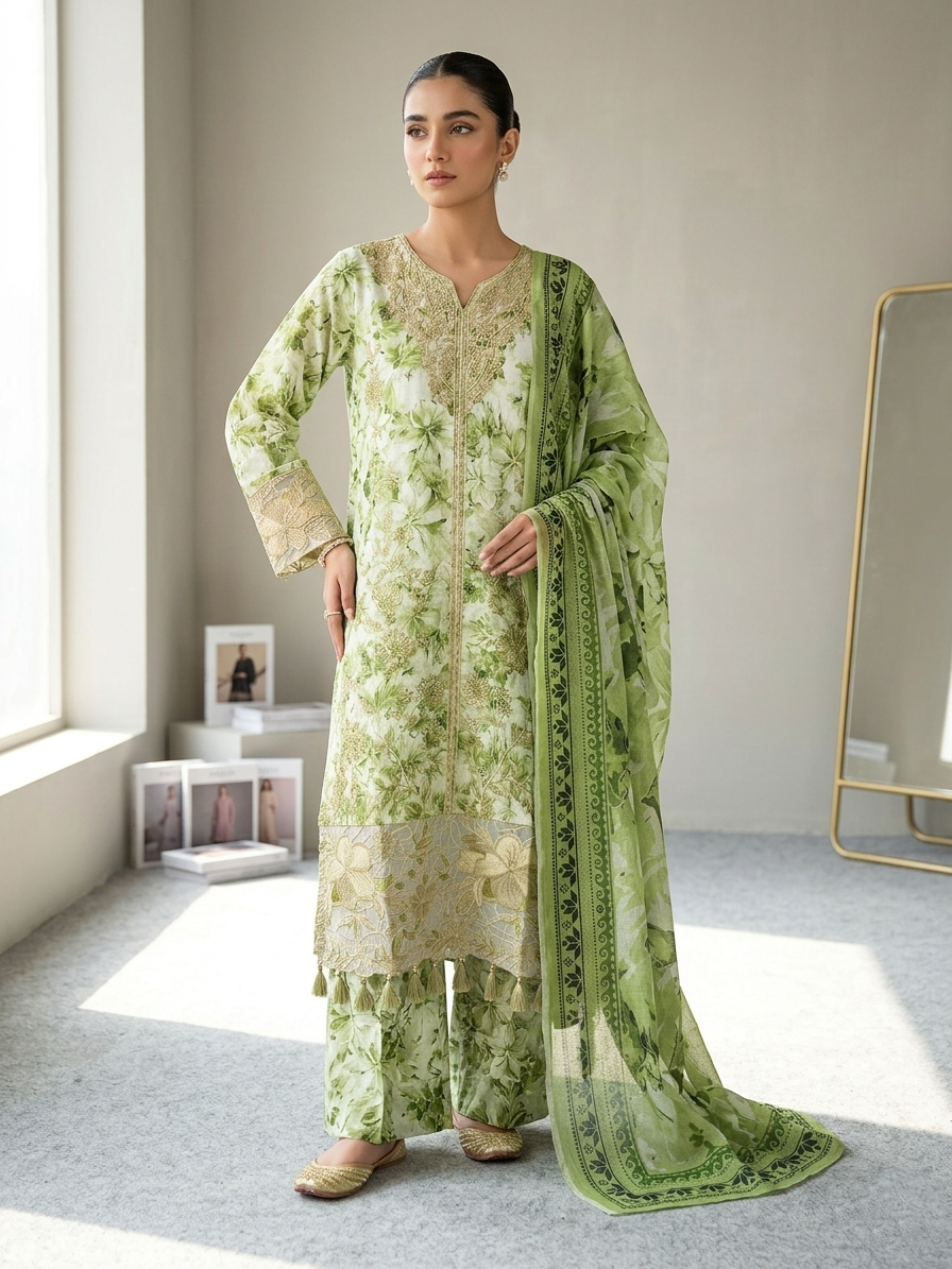 Zohran Luxury Lime Green Floral Printed & Embroidered 3-Piece Festive Suit