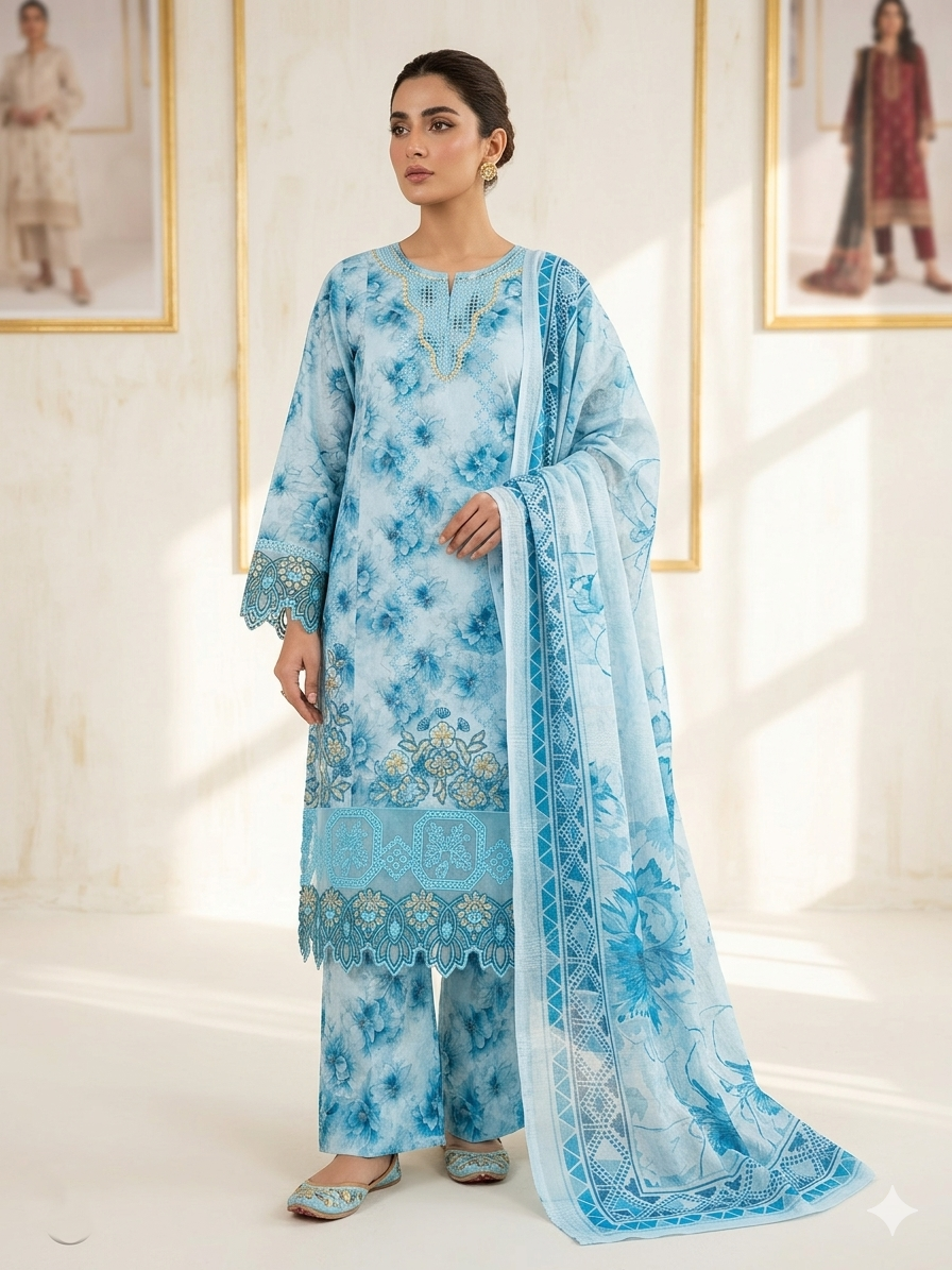 Zohran Luxury Powder Blue Floral Printed & Embroidered 3-Piece Festive Suit