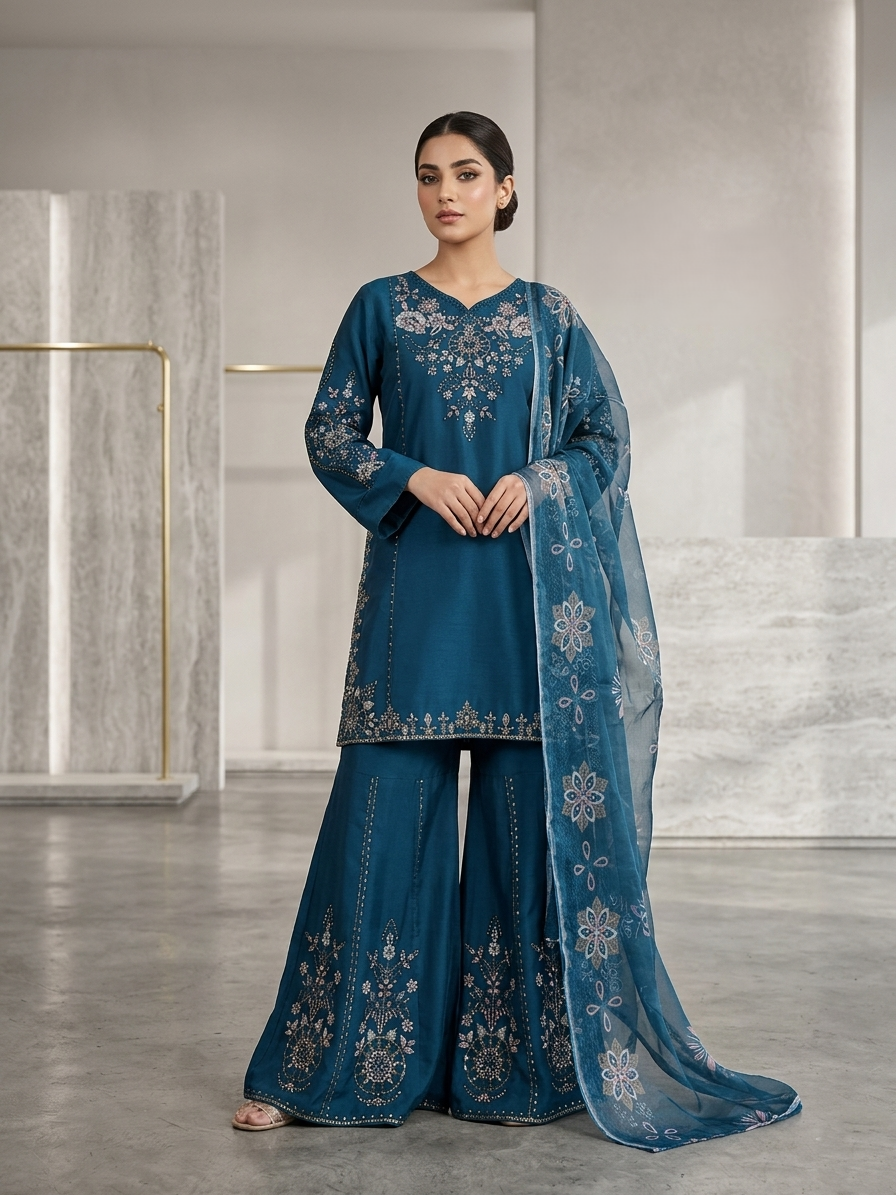 Luxury Embroidered Teal Blue 3-Piece Eid Festive Stitched Suit Zohran Apparels