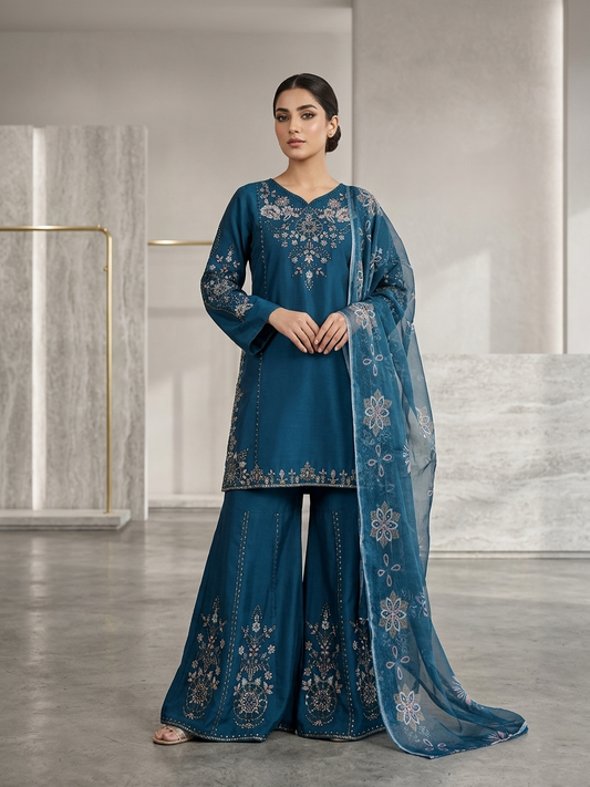 Luxury Embroidered Teal Blue 3-Piece Eid Festive Stitched Suit Zohran Apparels