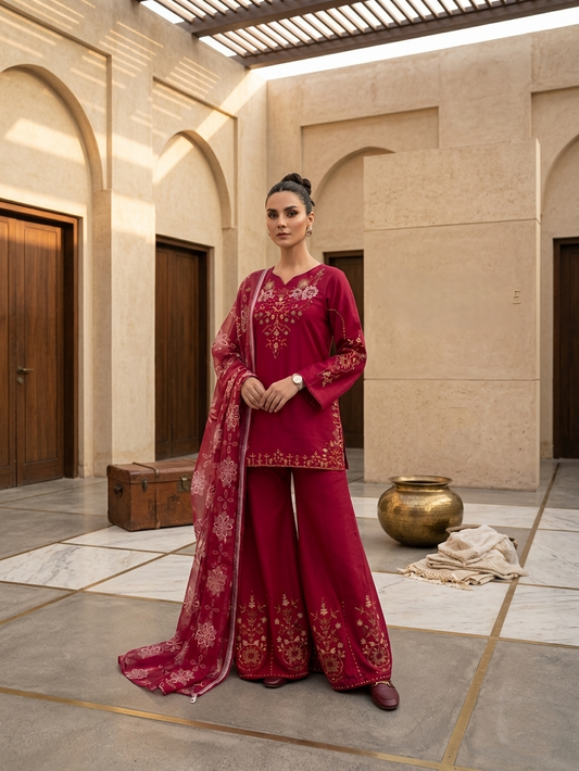 Luxury Embroidered Crimson 3-Piece Eid Festive Stitched Suit Zohran Apparel