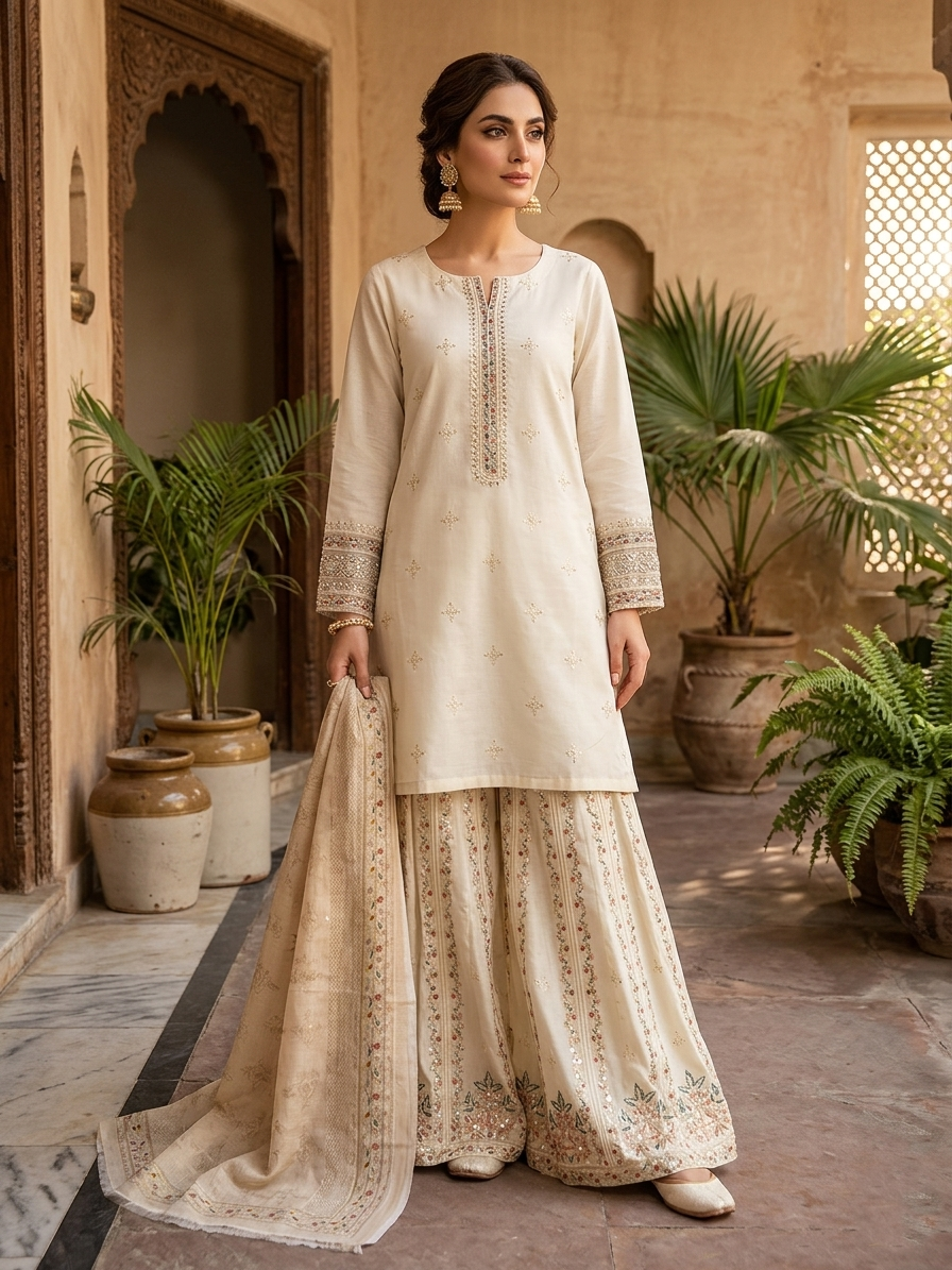 Embroidered Off-White 3-Piece Eid Festive Sharara Suit Stitched Zohran Apparel