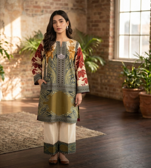 Olive Autumn Earth: 2-Piece 3D Printed Stitched Festive Suite with Neckline Tassels
