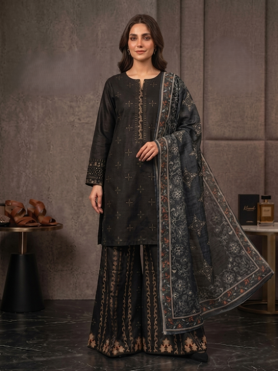 Luxury Embroidered Black 3-Piece Traditional Suit Stitched