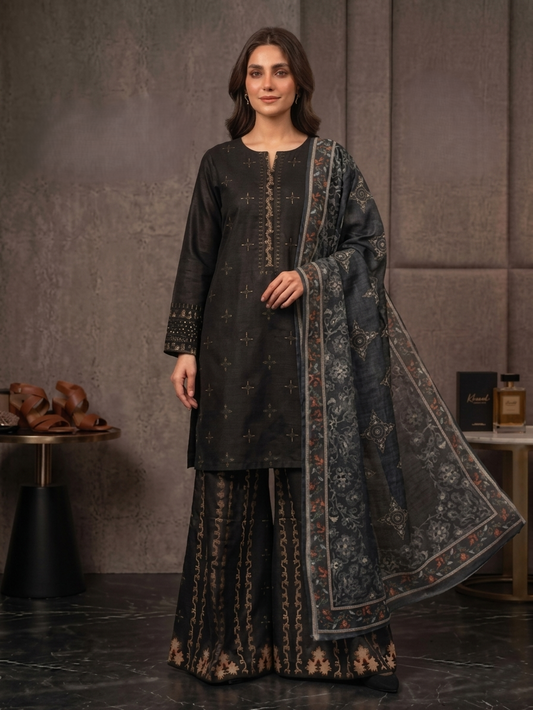 Luxury Embroidered Black 3-Piece Traditional Suit Stitched