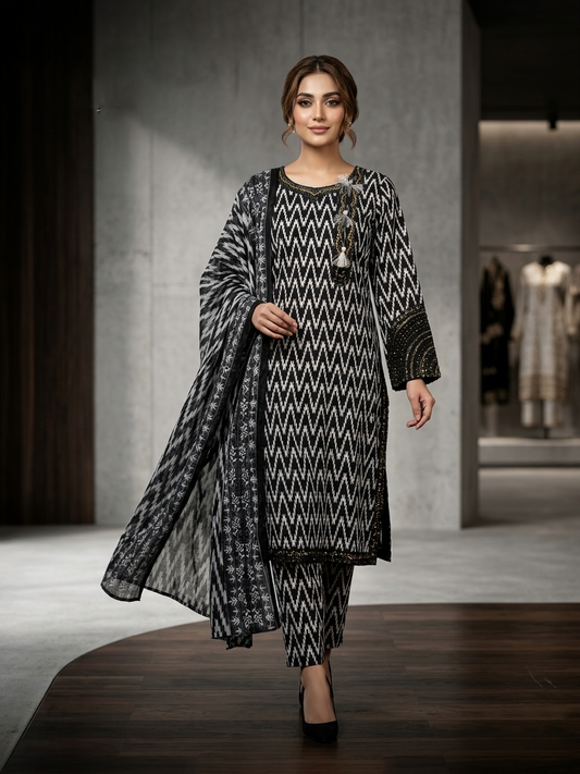 Monochrome Zigzag Black & White: 3-Piece stitched Printed Festive Suit with Gold Tassel Accents