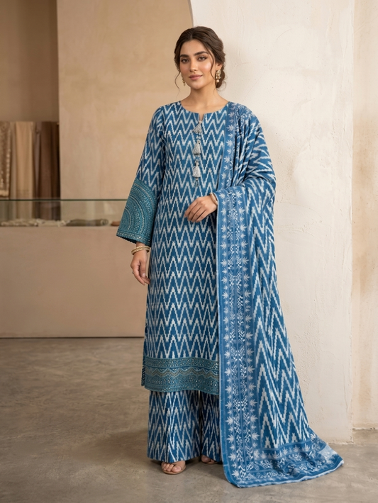 Elegant Indigo Zigzag Printed 3-Piece Salwar Kameez Set