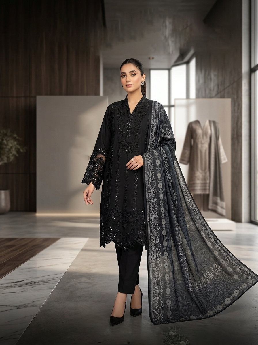 Embroidered 3-Piece Stitched Suit - Sequence Work & Lace Detail