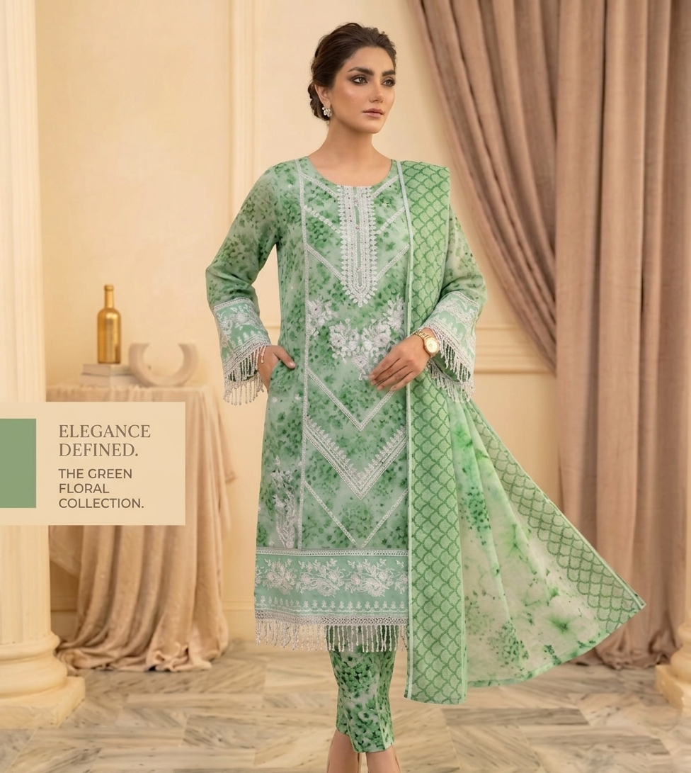 Mint Blossom: 3-Piece stitched Floral Print Suite with White Lace & Fringe Detail