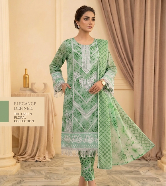 Mint Blossom: 3-Piece stitched Floral Print Suite with White Lace & Fringe Detail