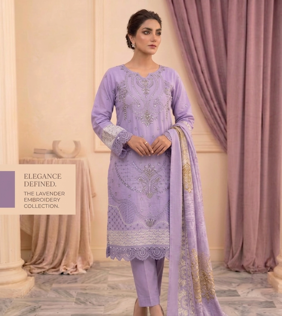 Purple Lavender Grace: 3-Piece Embroidered Festive Stitched Suit with Silver Sequence Work