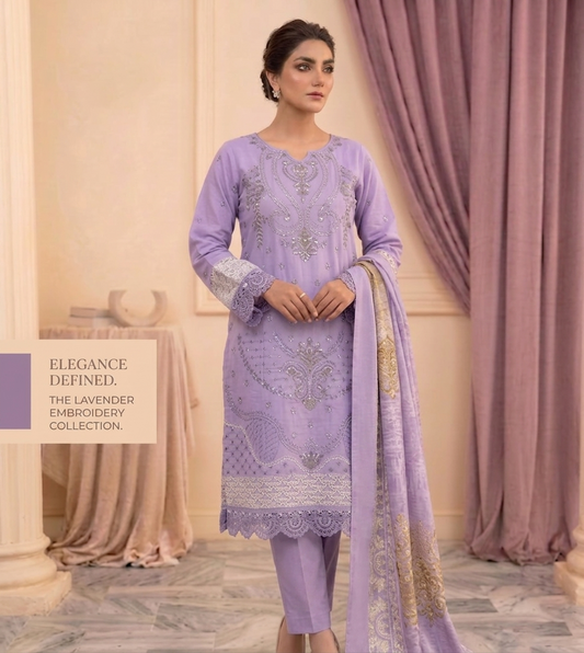 Purple Lavender Grace: 3-Piece Embroidered Festive Stitched Suit with Silver Sequence Work