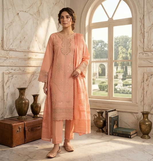 Glow Embroidered 3-Piece Stitched Festive Suite - Sequence Work & Tissue Patches