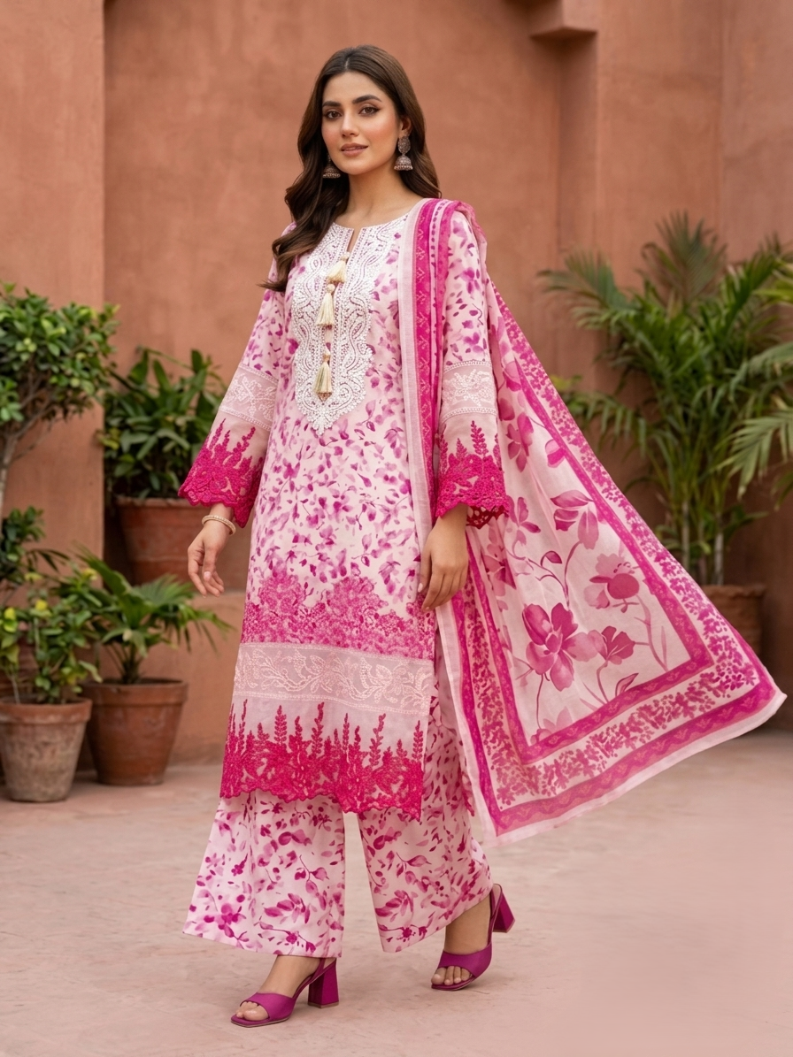 Paisley: 3-Piece Stitched Printed Festive Suite with Ivory Lace & Fringe Detail