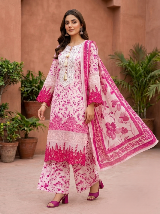 Paisley: 3-Piece Stitched Printed Festive Suite with Ivory Lace & Fringe Detail