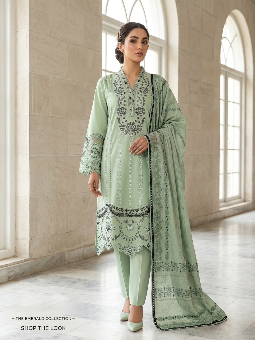 Embroidered 3-Piece Stitched Suit - Sequence Work & Lace Detail