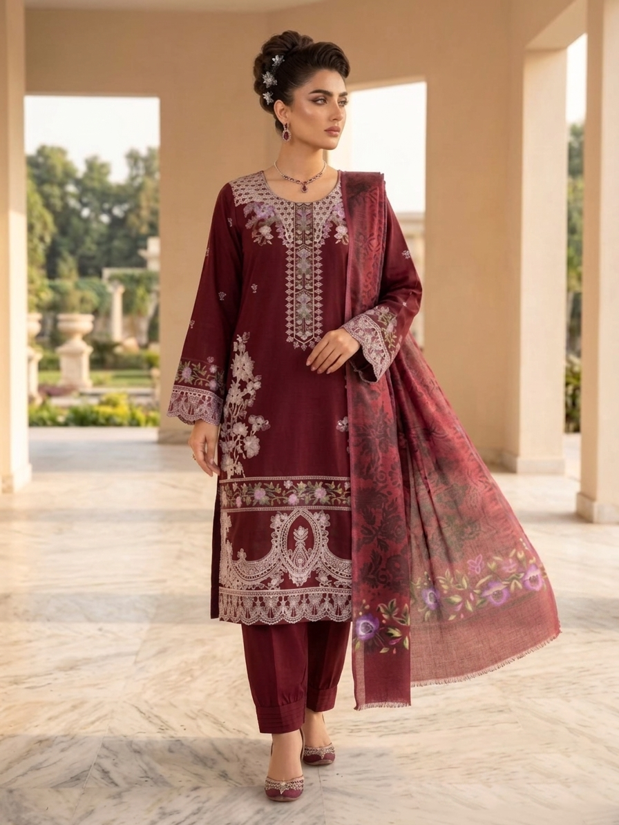 Plum Blossom: 3-Piece Stitched Embroidered Festive Suit with Floral Sequence Art