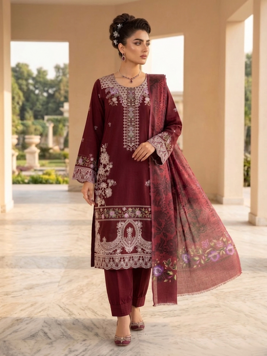 Plum Blossom: 3-Piece Stitched Embroidered Festive Suit with Floral Sequence Art