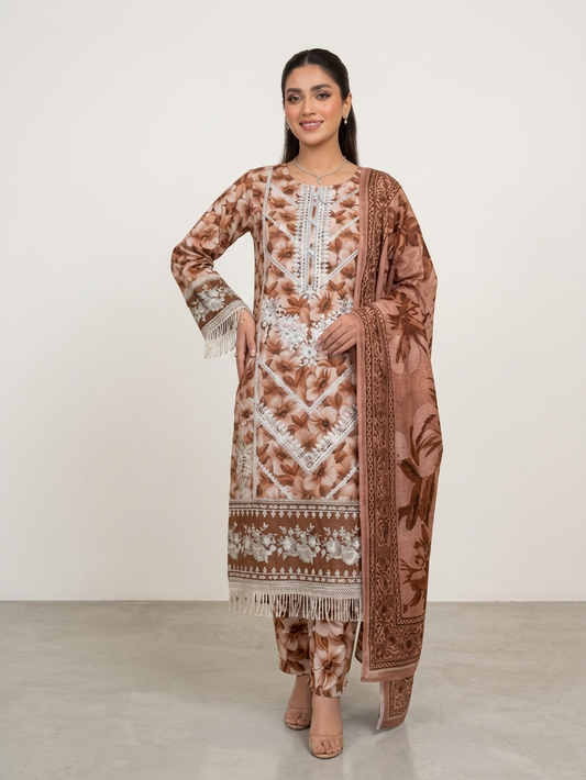 Premium Coffee Brown Floral 3-Piece Lawn Suit