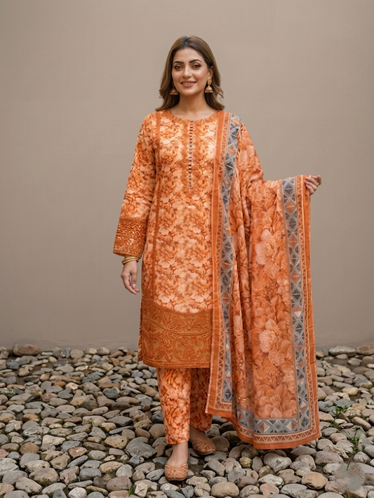 Premium Peach Orange Floral Printed 3-Piece Lawn Suit with Dupatta