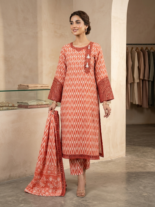 Premium Rust Orange Ikat Printed 3-Piece Lawn Suit with Dupatta