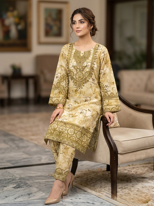 Golden Majesty 2-Piece stitched Luxury Printed short Shirt & Mirror Work Farshi Shalwar Ensemble
