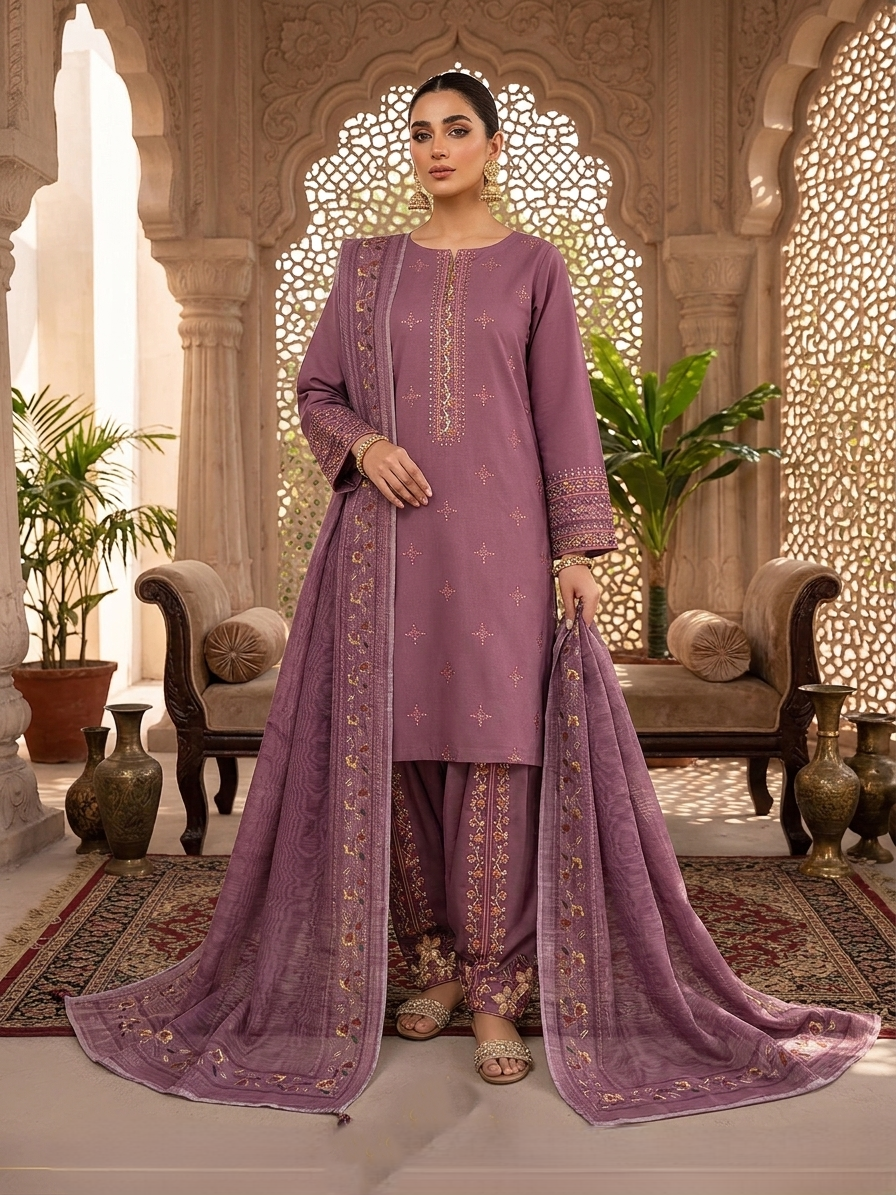 Embroidered Mauve 3-Piece Eid Festive Shalwar Suit