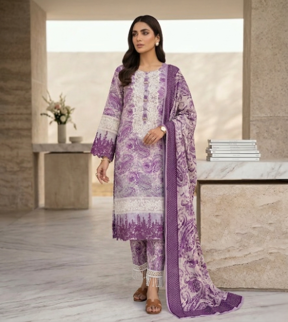 Paisley: 3-Piece Stitched Printed Festive Suite with Ivory Lace & Fringe Detail