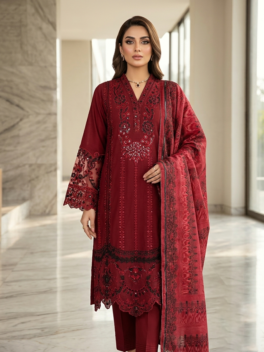 Embroidered 3-Piece Stitched Suit - Sequence Work & Lace Detail