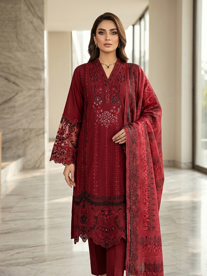 Embroidered 3-Piece Stitched Suit - Sequence Work & Lace Detail
