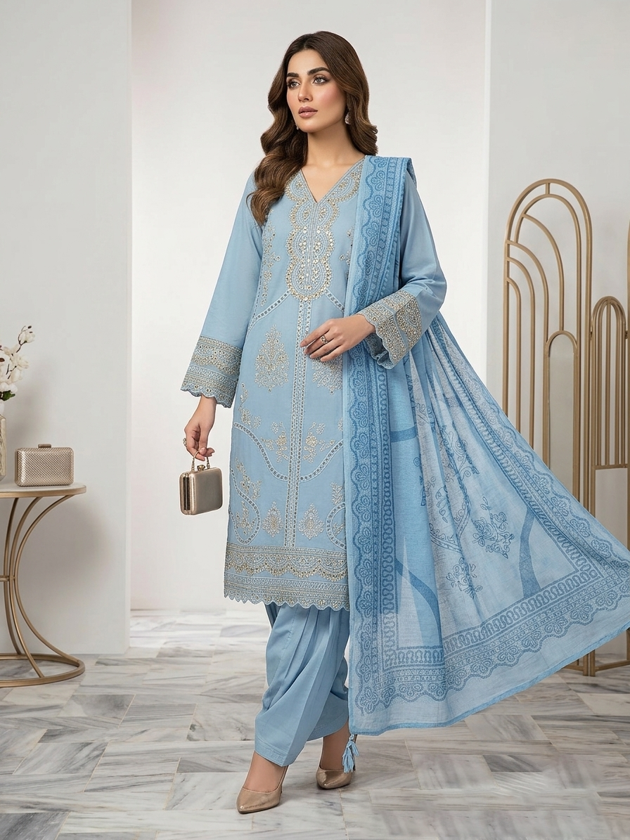 Glow Embroidered 3-Piece Stitched Festive Suite - Sequence Work & Tissue Patches