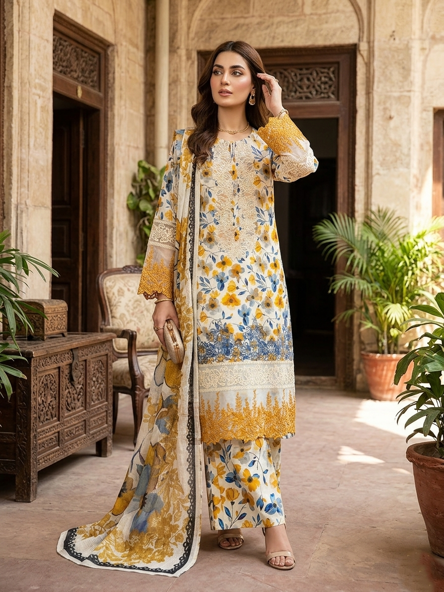 Paisley: 3-Piece Stitched Printed Festive Suite with Ivory Lace & Fringe Detail