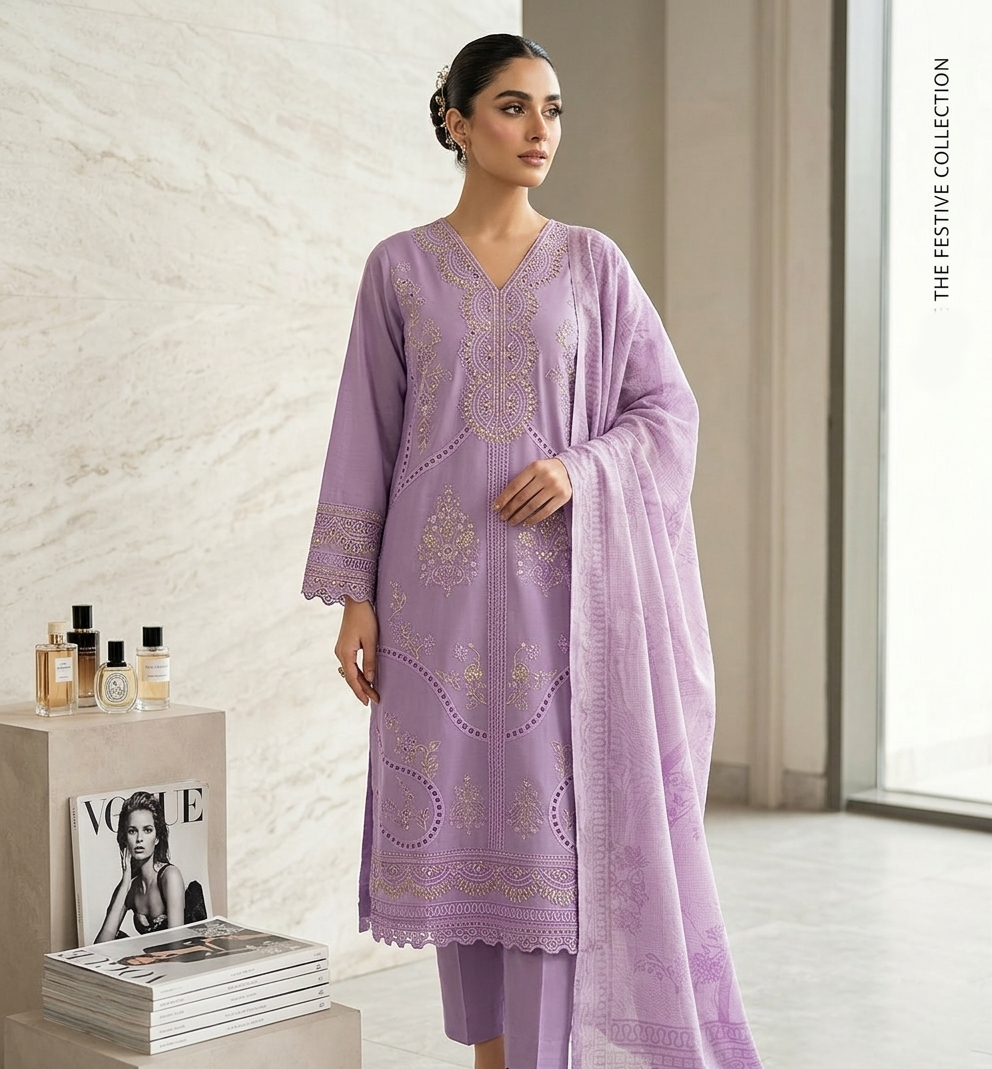 Glow Embroidered 3-Piece Stitched Festive Suite - Sequence Work & Tissue Patches