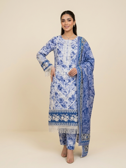 Zohran Apparels Premium Sky Blue Floral 3-Piece Lawn Suit