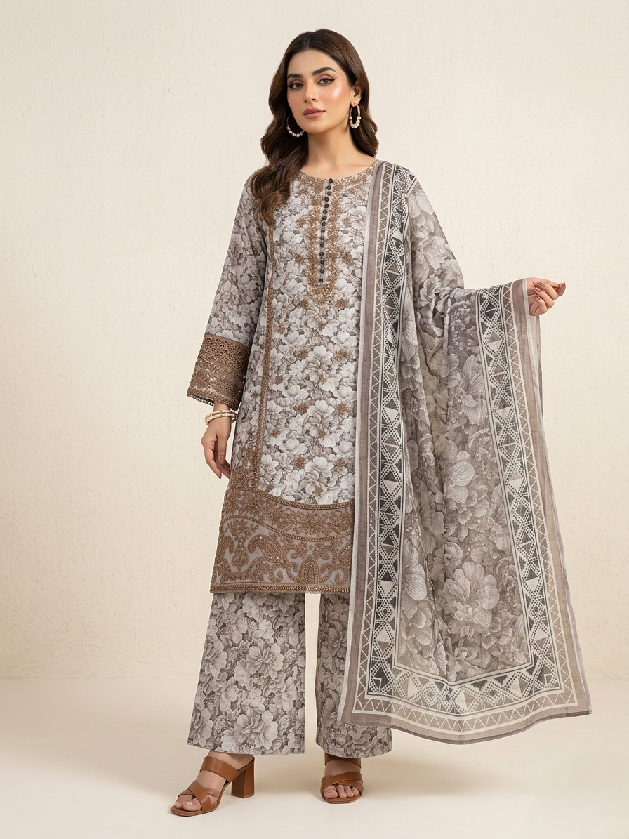 Zohran Luxury Charcoal Floral Printed & Embroidered 3-Piece Eid Festive Suit