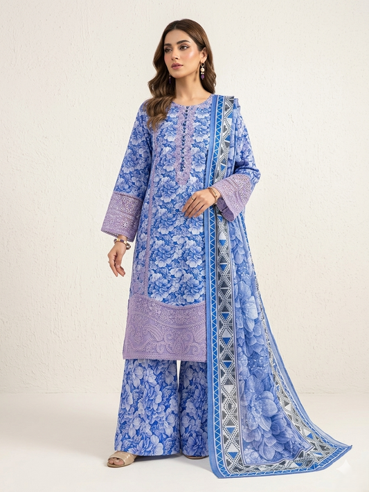 Zohran Luxury Lavender Blue Floral Printed & Embroidered 3-Piece Eid Festive Suit