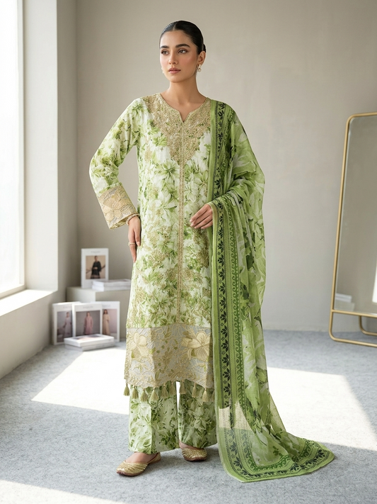 Zohran Luxury Lime Green Floral Printed & Embroidered 3-Piece Festive Suit