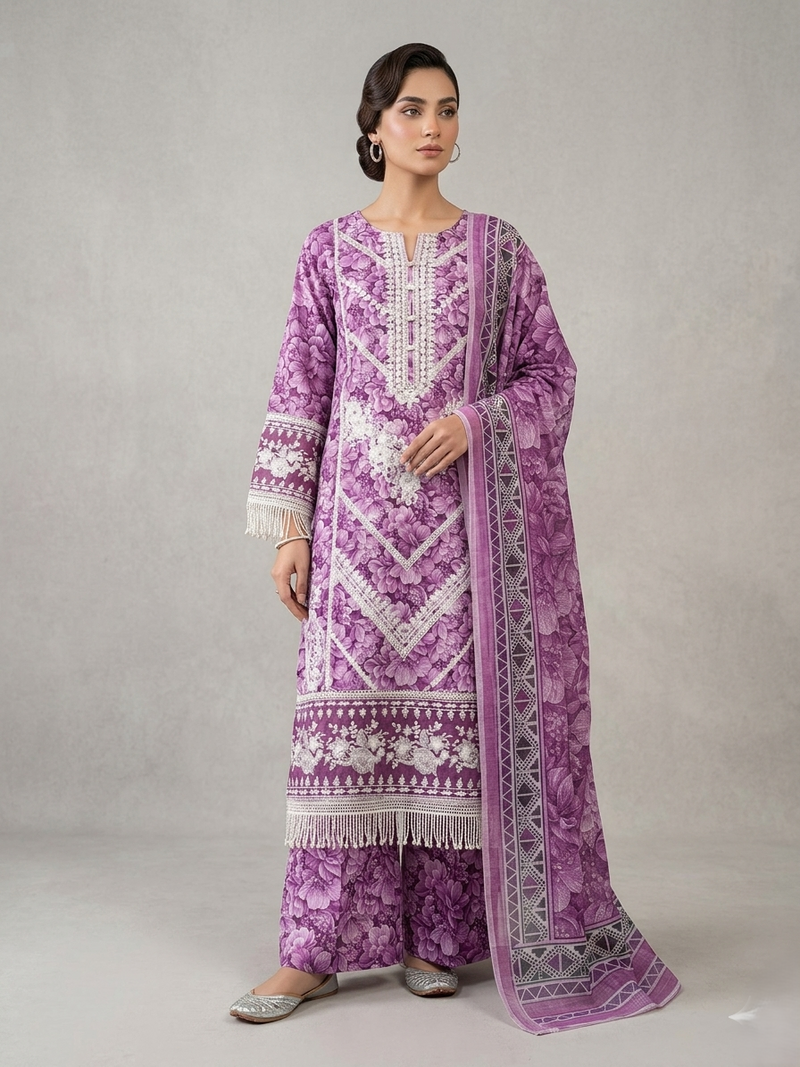 Zohran Luxury Magenta Purple Floral Printed & Embroidered 3-Piece Festive Suit