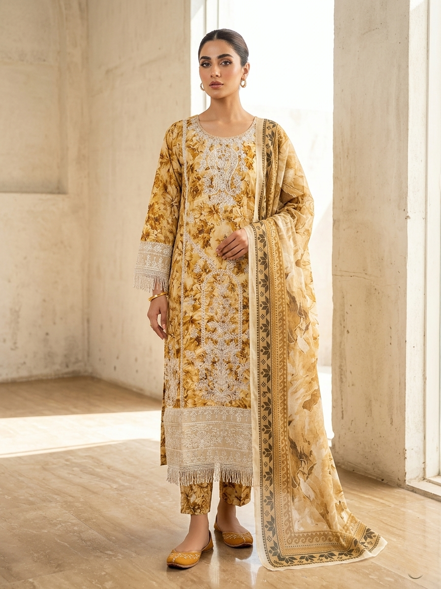 Zohran Luxury Mustard Gold Floral Printed & Embroidered 3-Piece Festive Suit