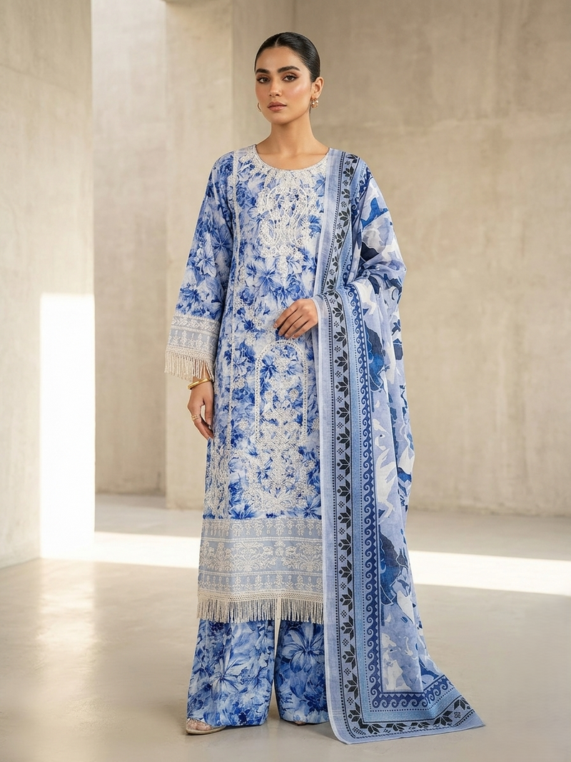 Zohran Luxury Ocean Blue Floral Printed & Embroidered 3-Piece Eid Festive Suit
