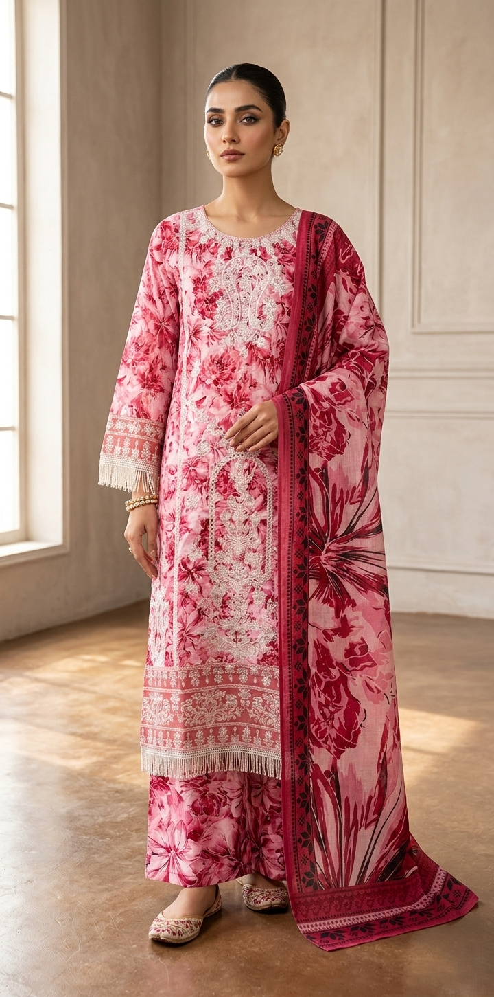 Zohran Luxury Rose Pink Floral Printed & Embroidered 3-Piece Eid Festive Suit
