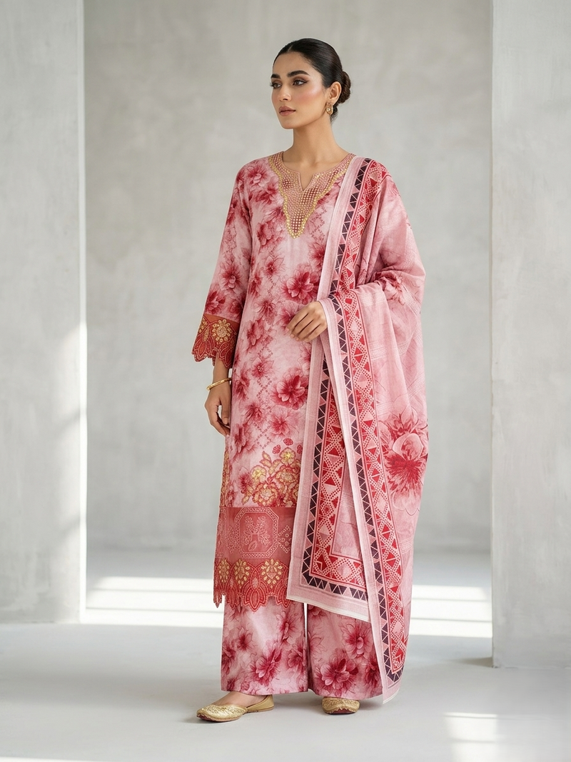 Zohran Luxury Stitched Floral Printed & Embroidered Pink 3-Piece Eid Festive Suit