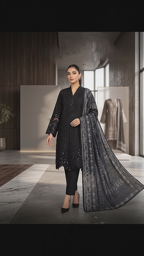 Embroidered 3-Piece Stitched Suit - Sequence Work & Lace Detail